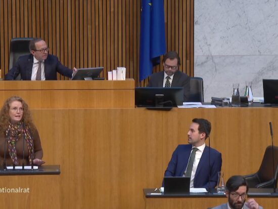 Fiona Fiedler hält eine Rede im österreichischen Nationalrat. Bildungsminister Christoph Wiederkehr hört von der Regierungsbank aus zu.